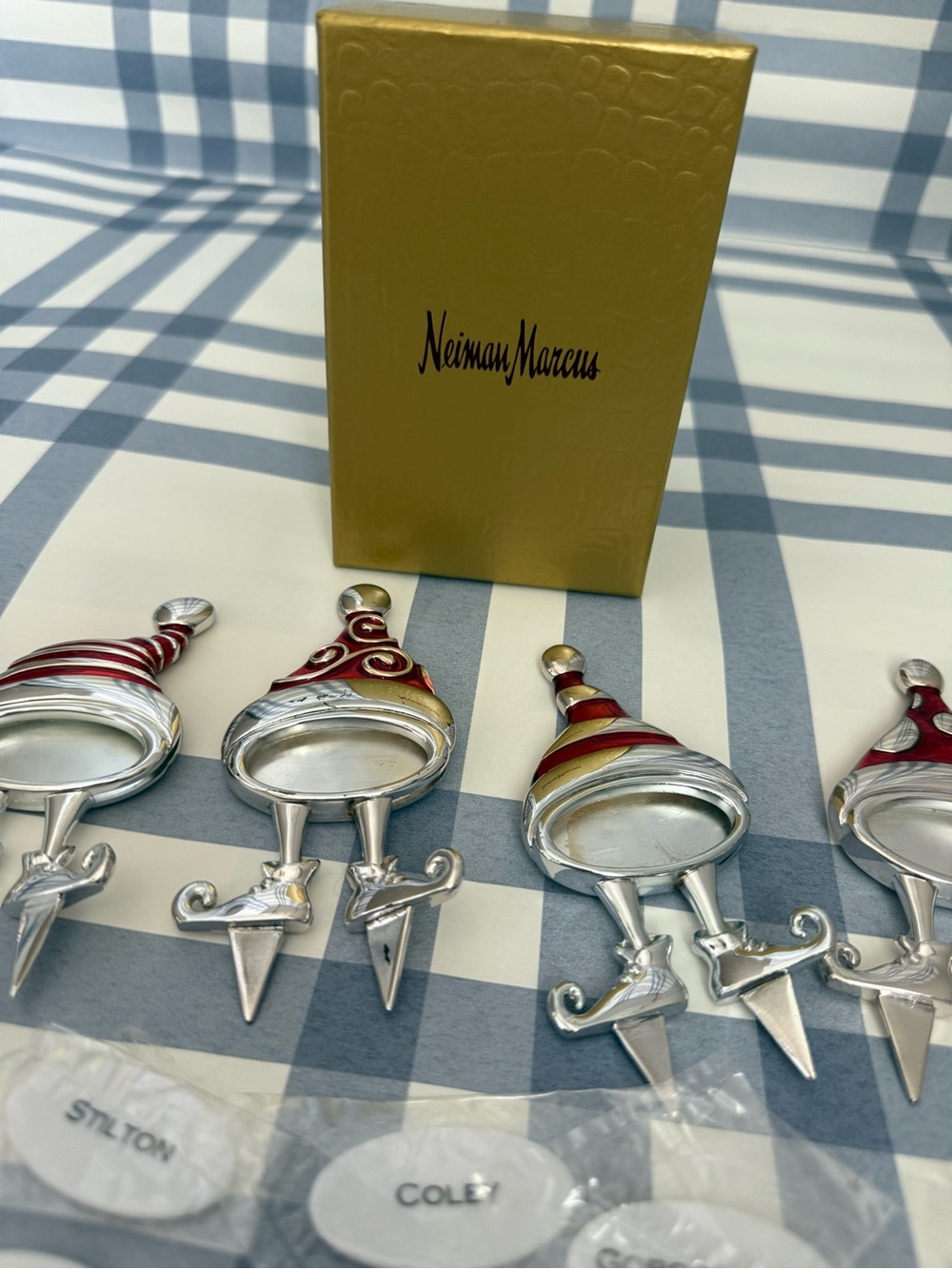 Neiman Marcus Silver-tone Cheese Markers with Gold Box and Red Accents